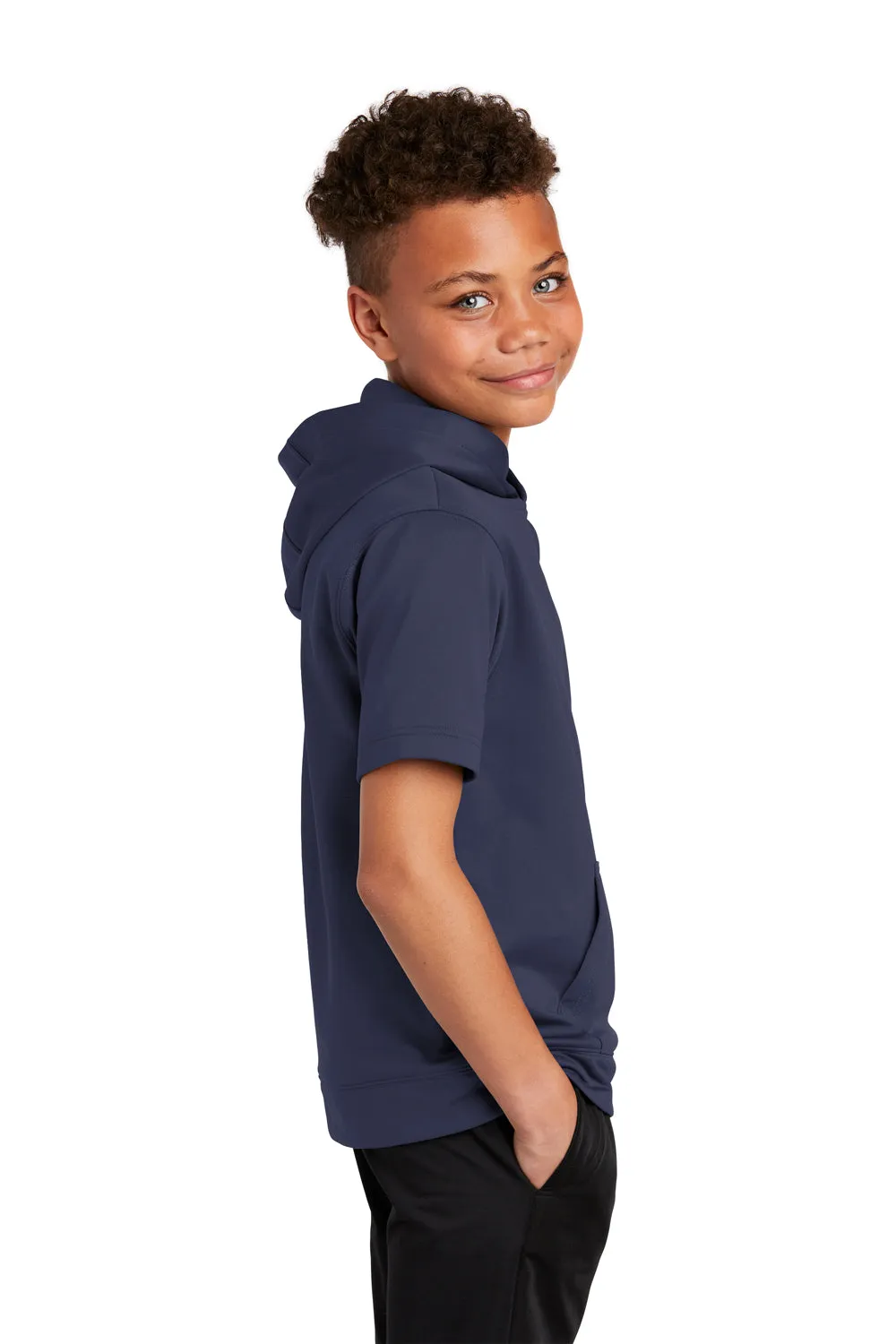 Sport-Tek Youth Fleece Moisture Wicking Short Sleeve Hooded Sweatshirt Hoodie w/ Pouch Pocket - Navy Blue