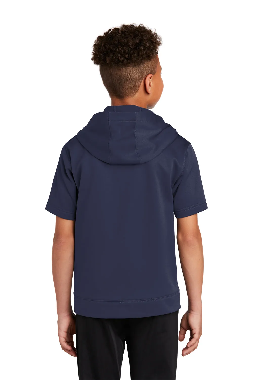 Sport-Tek Youth Fleece Moisture Wicking Short Sleeve Hooded Sweatshirt Hoodie w/ Pouch Pocket - Navy Blue