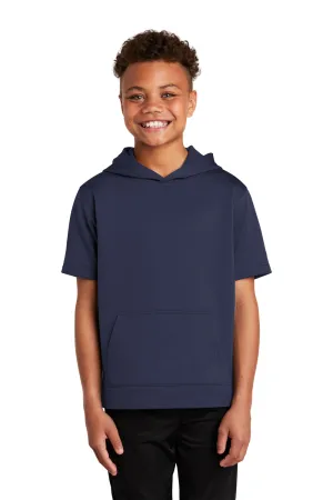 Sport-Tek Youth Fleece Moisture Wicking Short Sleeve Hooded Sweatshirt Hoodie w/ Pouch Pocket - Navy Blue