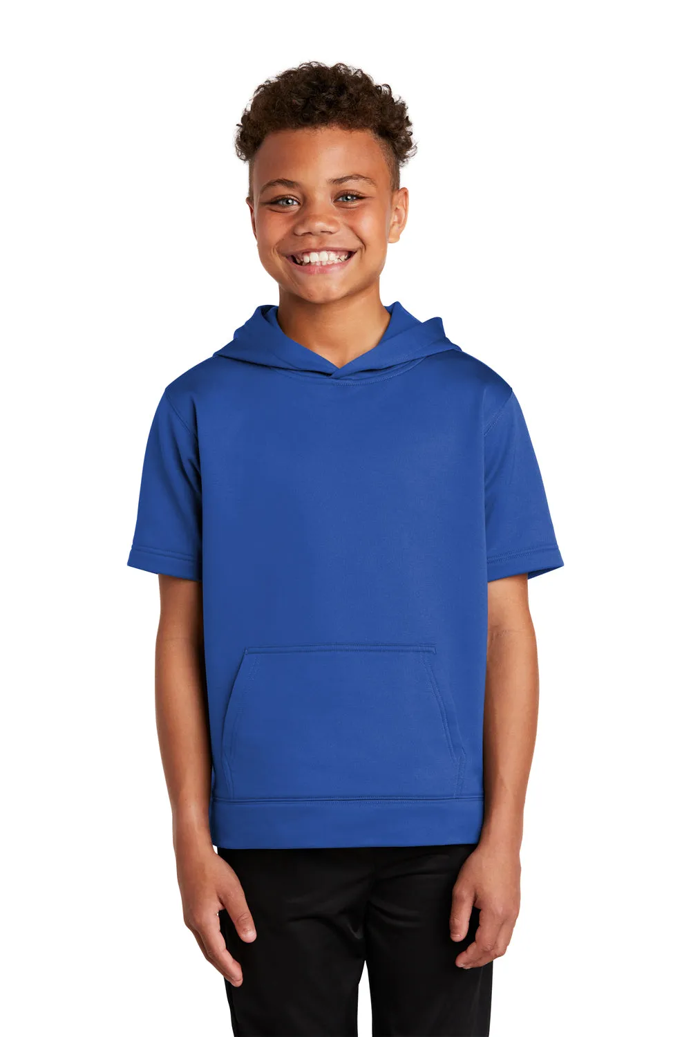 Sport-Tek Youth Fleece Moisture Wicking Short Sleeve Hooded Sweatshirt Hoodie w/ Pouch Pocket - True Royal Blue