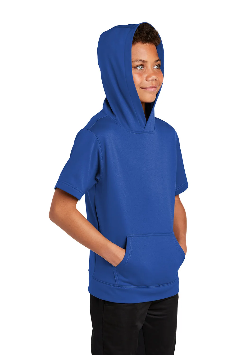 Sport-Tek Youth Fleece Moisture Wicking Short Sleeve Hooded Sweatshirt Hoodie w/ Pouch Pocket - True Royal Blue