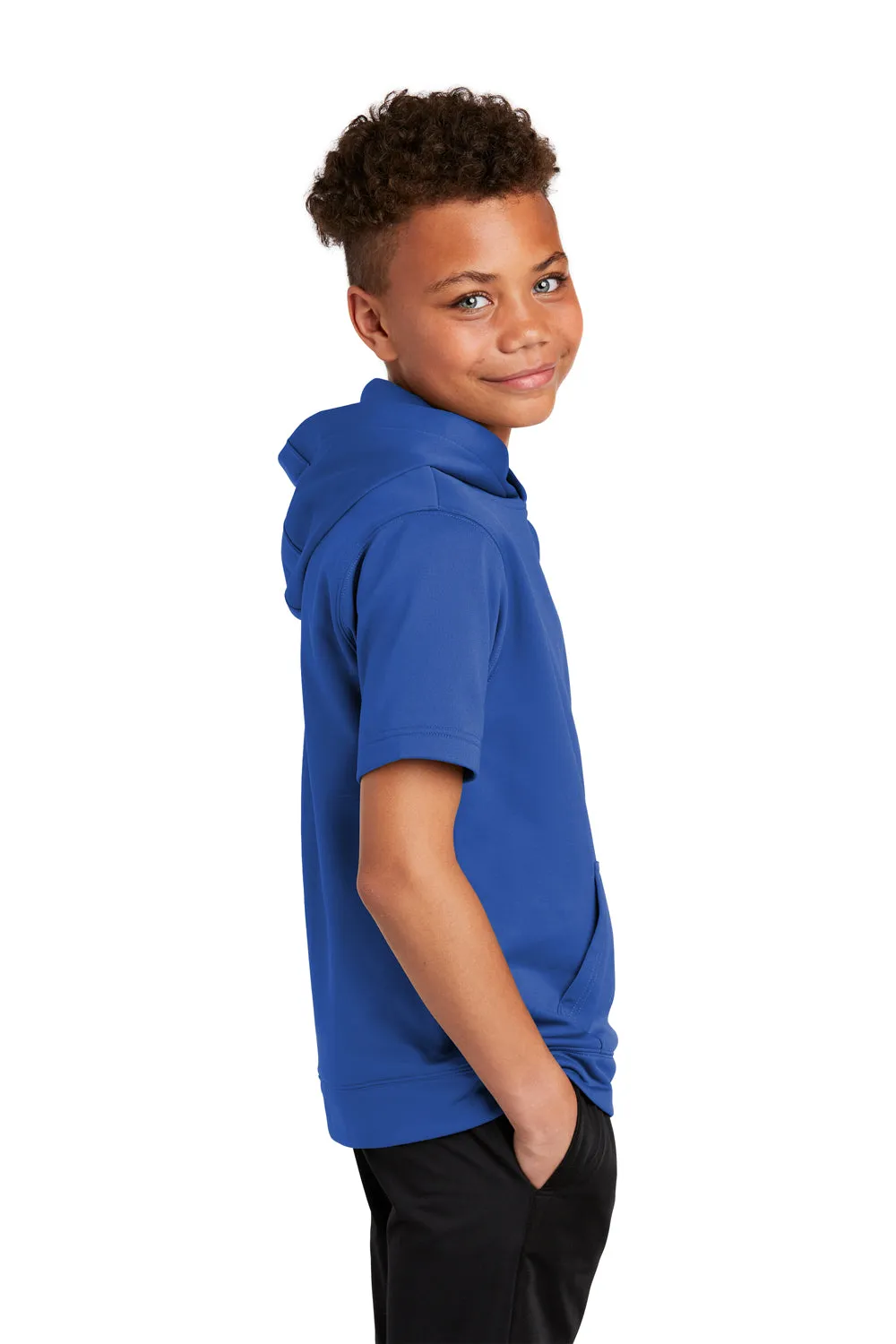 Sport-Tek Youth Fleece Moisture Wicking Short Sleeve Hooded Sweatshirt Hoodie w/ Pouch Pocket - True Royal Blue