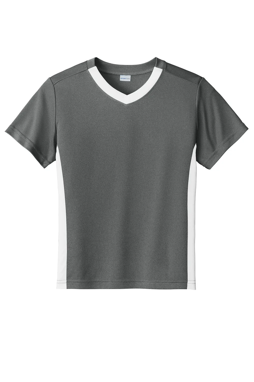 Sport-Tek Youth Moisture Wicking Competitor United Short Sleeve V-Neck T-Shirt - Iron Grey/White