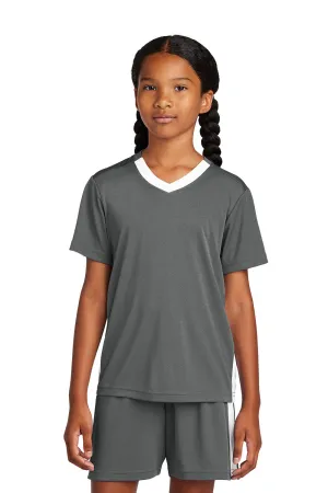 Sport-Tek Youth Moisture Wicking Competitor United Short Sleeve V-Neck T-Shirt - Iron Grey/White