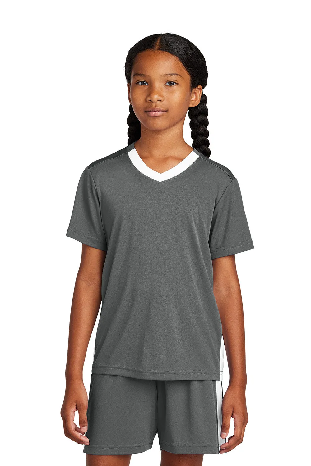 Sport-Tek Youth Moisture Wicking Competitor United Short Sleeve V-Neck T-Shirt - Iron Grey/White