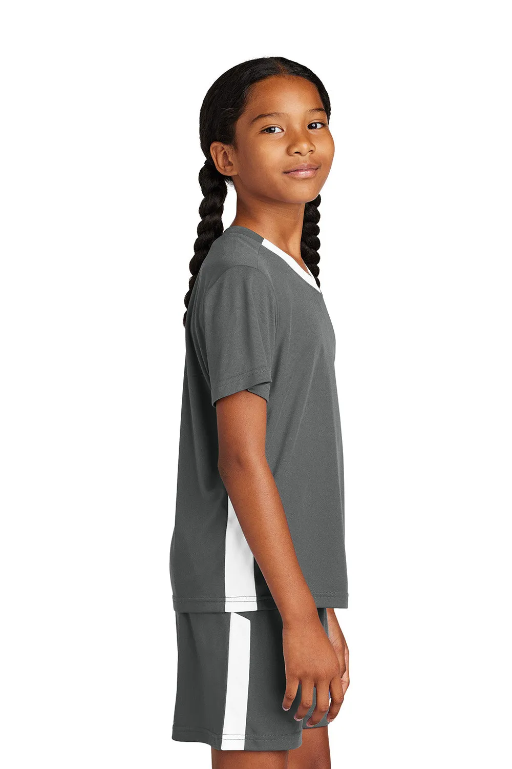 Sport-Tek Youth Moisture Wicking Competitor United Short Sleeve V-Neck T-Shirt - Iron Grey/White