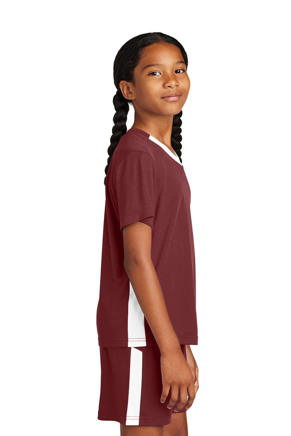 Sport-Tek Youth Moisture Wicking Competitor United Short Sleeve V-Neck T-Shirt - Maroon/White