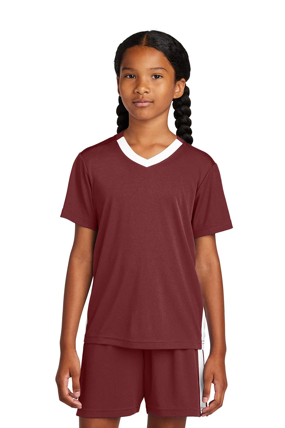 Sport-Tek Youth Moisture Wicking Competitor United Short Sleeve V-Neck T-Shirt - Maroon/White