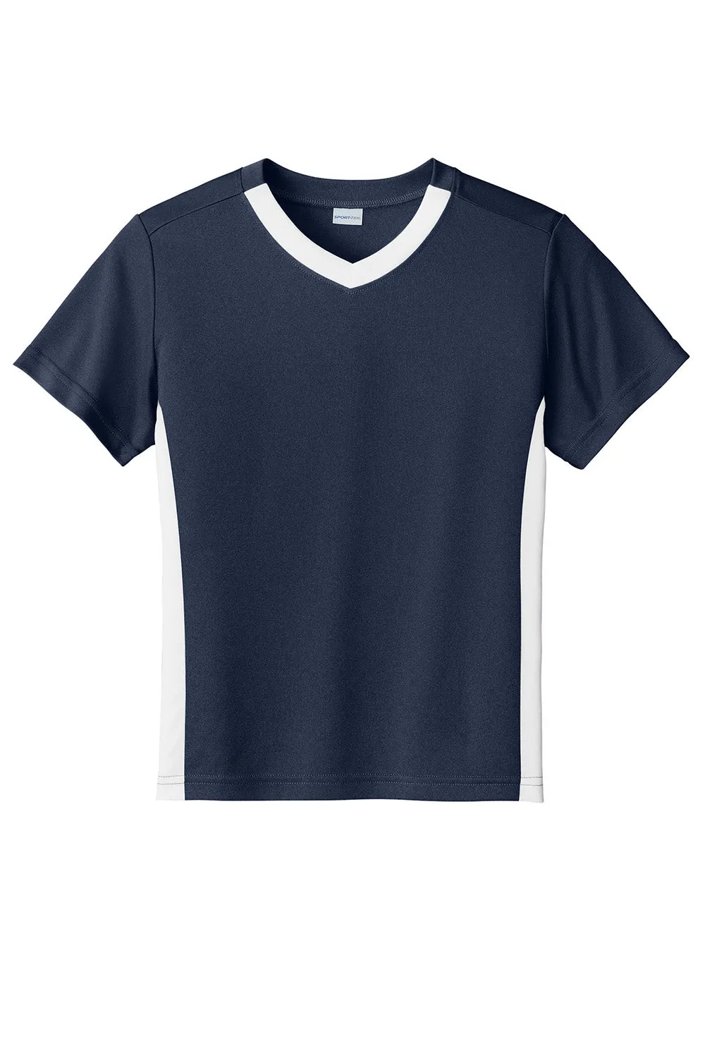 Sport-Tek Youth Moisture Wicking Competitor United Short Sleeve V-Neck T-Shirt - True Navy Blue/White
