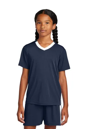 Sport-Tek Youth Moisture Wicking Competitor United Short Sleeve V-Neck T-Shirt - True Navy Blue/White