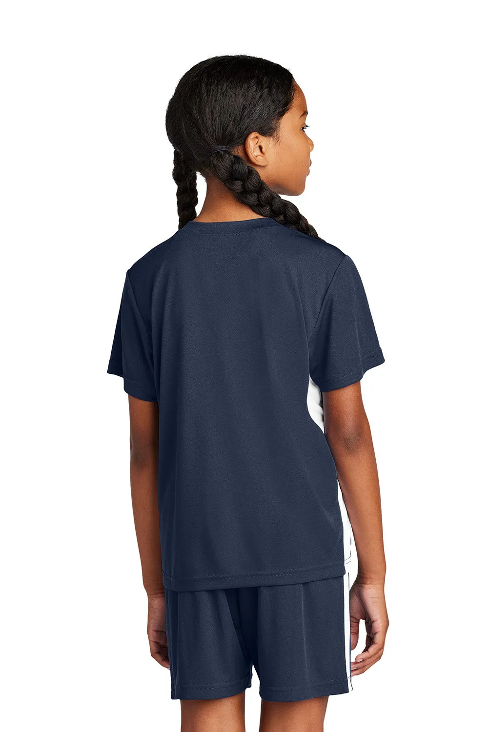 Sport-Tek Youth Moisture Wicking Competitor United Short Sleeve V-Neck T-Shirt - True Navy Blue/White