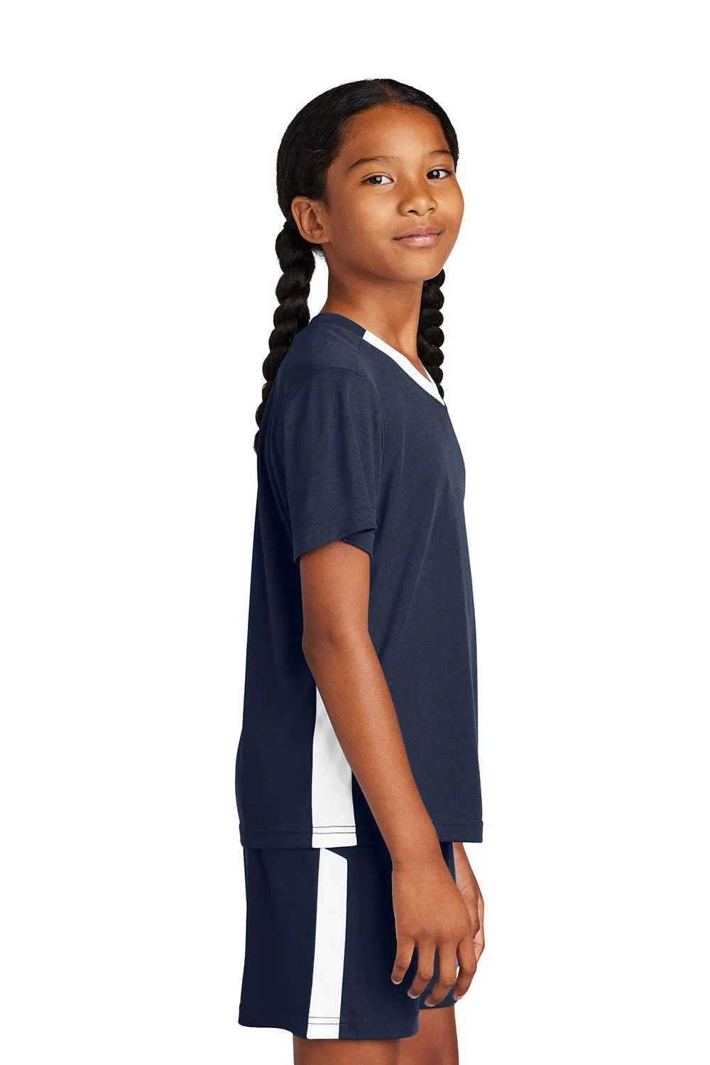 Sport-Tek Youth Moisture Wicking Competitor United Short Sleeve V-Neck T-Shirt - True Navy Blue/White