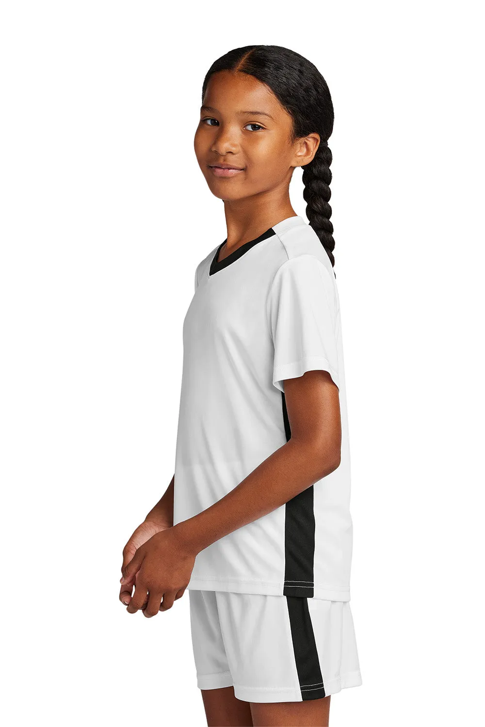 Sport-Tek Youth Moisture Wicking Competitor United Short Sleeve V-Neck T-Shirt - White/Black