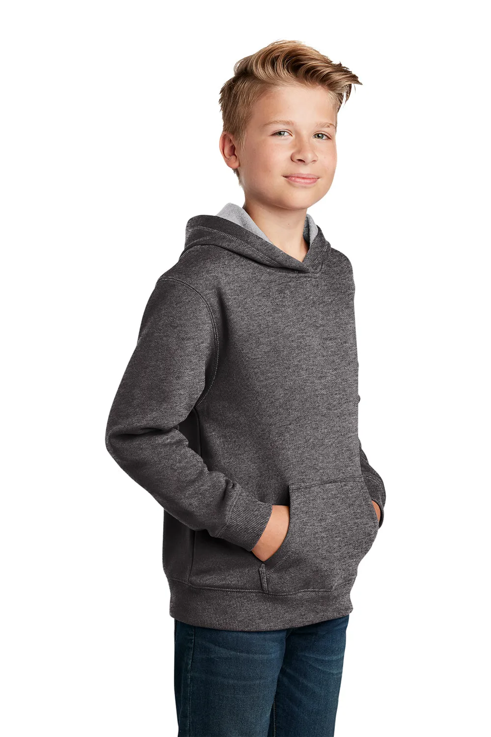 Sport-Tek Youth Shrink Resistant Fleece Hooded Sweatshirt Hoodie w/ Pouch Pocket - Heather Graphite Grey Clothing Sport-Tek