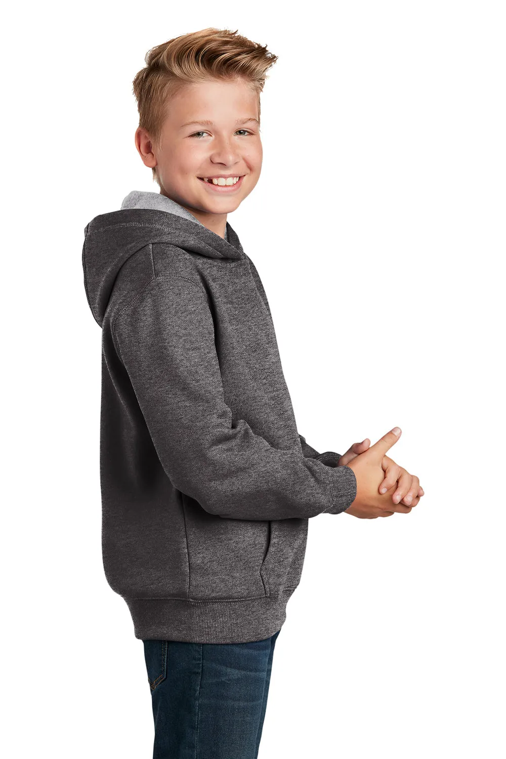 Sport-Tek Youth Shrink Resistant Fleece Hooded Sweatshirt Hoodie w/ Pouch Pocket - Heather Graphite Grey Clothing Sport-Tek