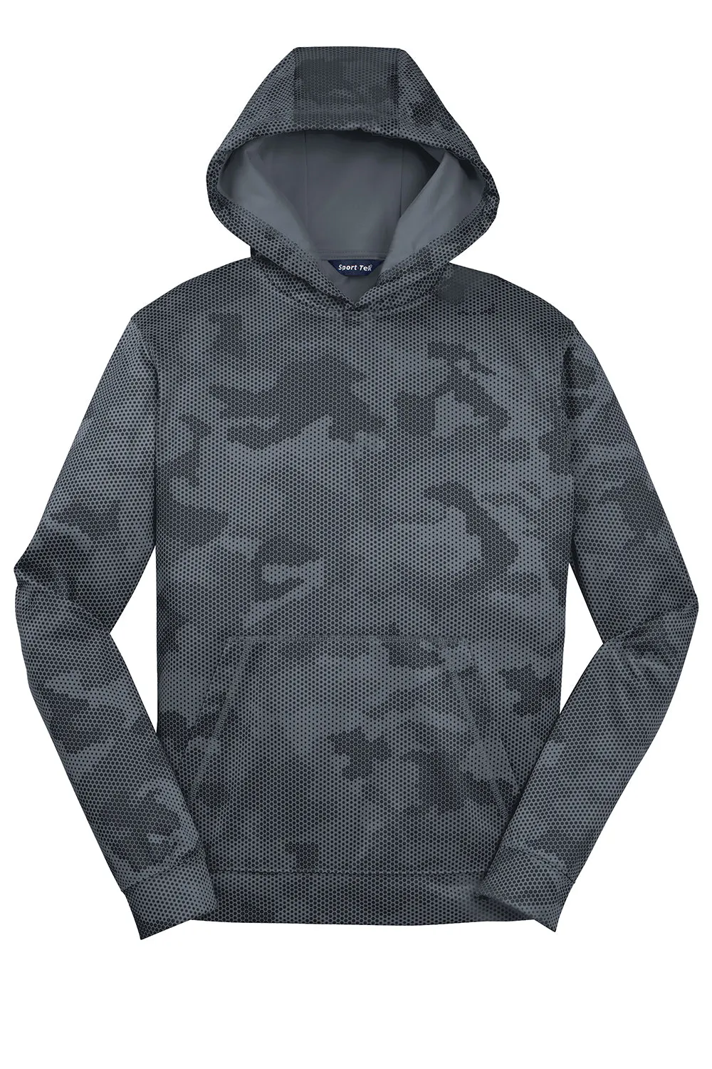 Sport-Tek Youth Sport-Wick CamoHex Moisture Wicking Fleece Hooded Sweatshirt Hoodie w/ Pouch Pocket - Dark Smoke Grey