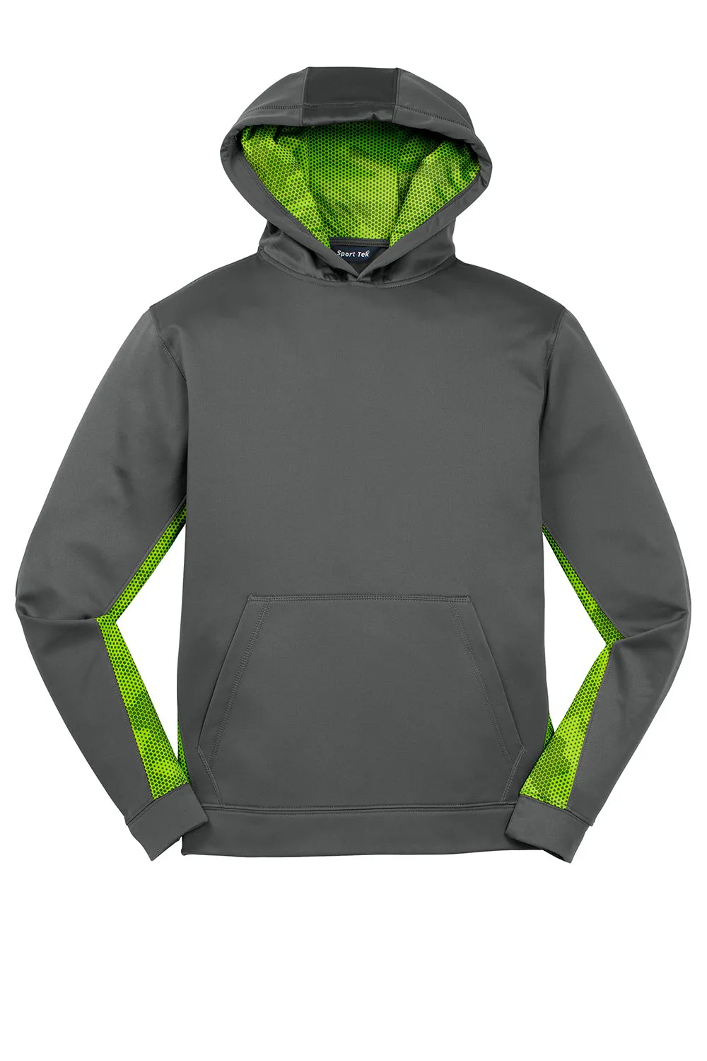 Sport-Tek Youth Sport-Wick CamoHex Moisture Wicking Fleece Hooded Sweatshirt Hoodie w/ Pouch Pocket - Dark Smoke Grey/Lime Shock Green