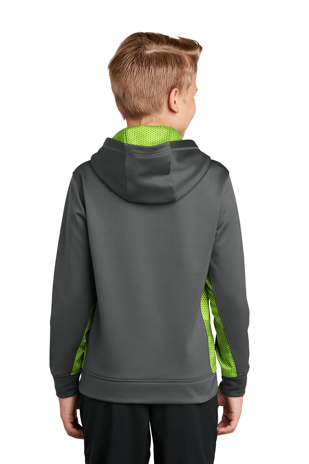 Sport-Tek Youth Sport-Wick CamoHex Moisture Wicking Fleece Hooded Sweatshirt Hoodie w/ Pouch Pocket - Dark Smoke Grey/Lime Shock Green
