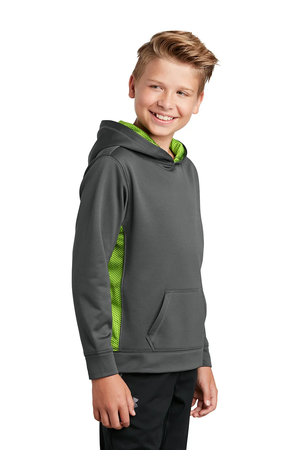 Sport-Tek Youth Sport-Wick CamoHex Moisture Wicking Fleece Hooded Sweatshirt Hoodie w/ Pouch Pocket - Dark Smoke Grey/Lime Shock Green