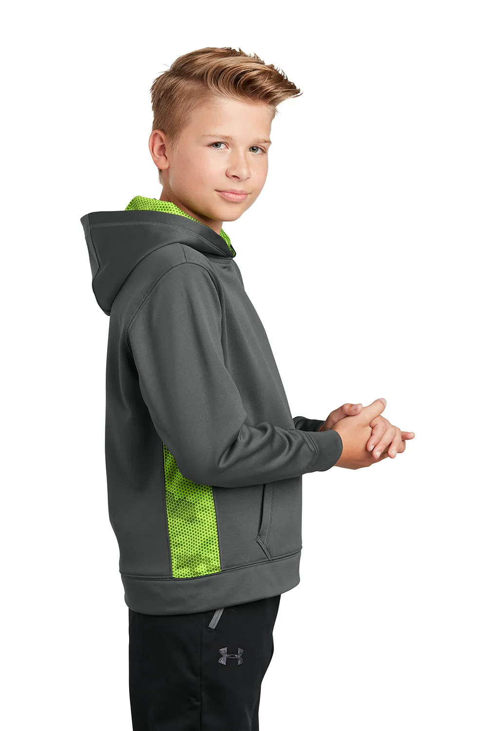 Sport-Tek Youth Sport-Wick CamoHex Moisture Wicking Fleece Hooded Sweatshirt Hoodie w/ Pouch Pocket - Dark Smoke Grey/Lime Shock Green