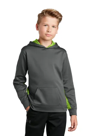 Sport-Tek Youth Sport-Wick CamoHex Moisture Wicking Fleece Hooded Sweatshirt Hoodie w/ Pouch Pocket - Dark Smoke Grey/Lime Shock Green