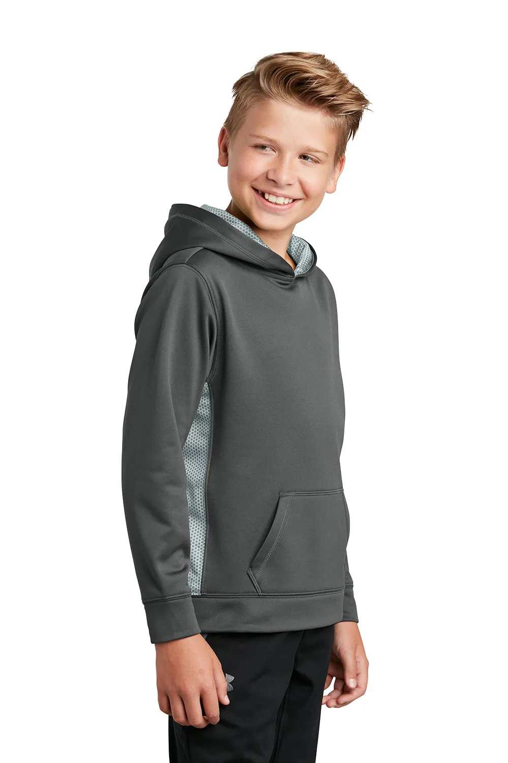Sport-Tek Youth Sport-Wick CamoHex Moisture Wicking Fleece Hooded Sweatshirt Hoodie w/ Pouch Pocket - Dark Smoke Grey/White