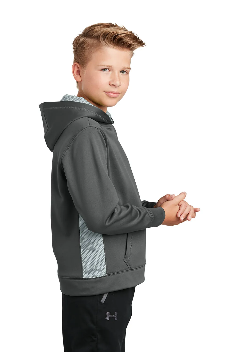 Sport-Tek Youth Sport-Wick CamoHex Moisture Wicking Fleece Hooded Sweatshirt Hoodie w/ Pouch Pocket - Dark Smoke Grey/White