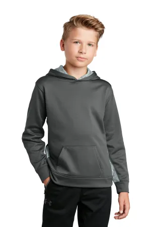Sport-Tek Youth Sport-Wick CamoHex Moisture Wicking Fleece Hooded Sweatshirt Hoodie w/ Pouch Pocket - Dark Smoke Grey/White