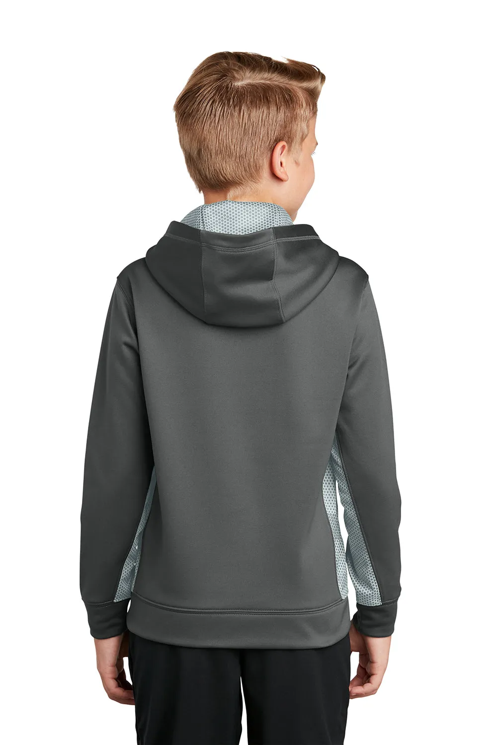 Sport-Tek Youth Sport-Wick CamoHex Moisture Wicking Fleece Hooded Sweatshirt Hoodie w/ Pouch Pocket - Dark Smoke Grey/White