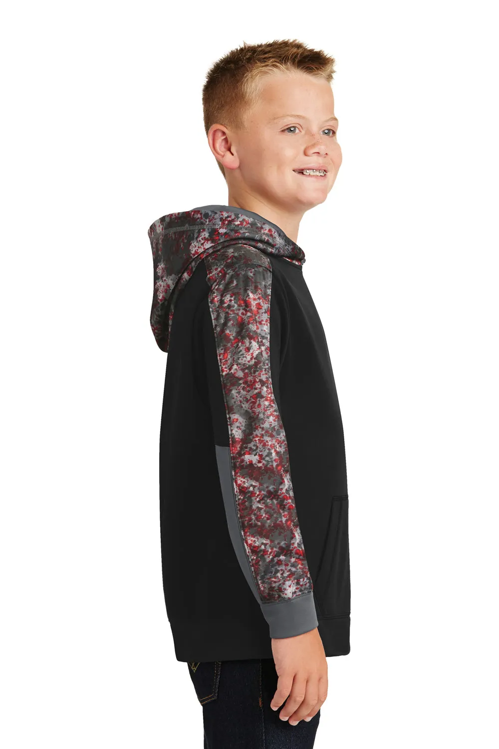 Sport-Tek Youth Sport-Wick Mineral Freeze Moisture Wicking Fleece Hooded Sweatshirt Hoodie w/ Pouch Pocket - Black/Deep Red - Closeout