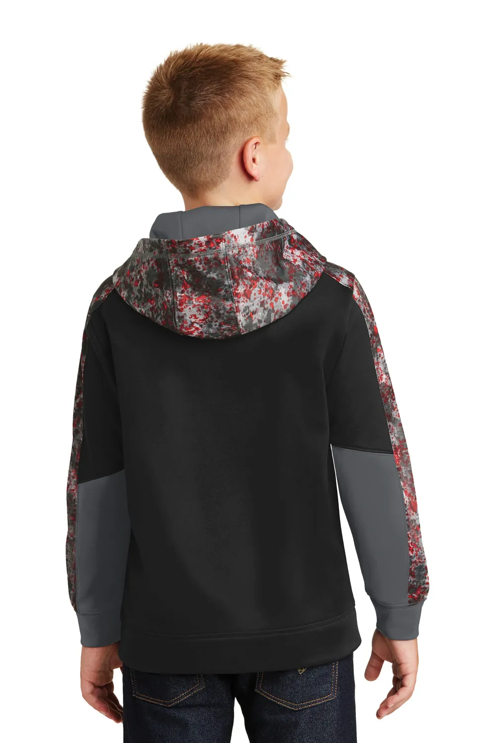 Sport-Tek Youth Sport-Wick Mineral Freeze Moisture Wicking Fleece Hooded Sweatshirt Hoodie w/ Pouch Pocket - Black/Deep Red - Closeout