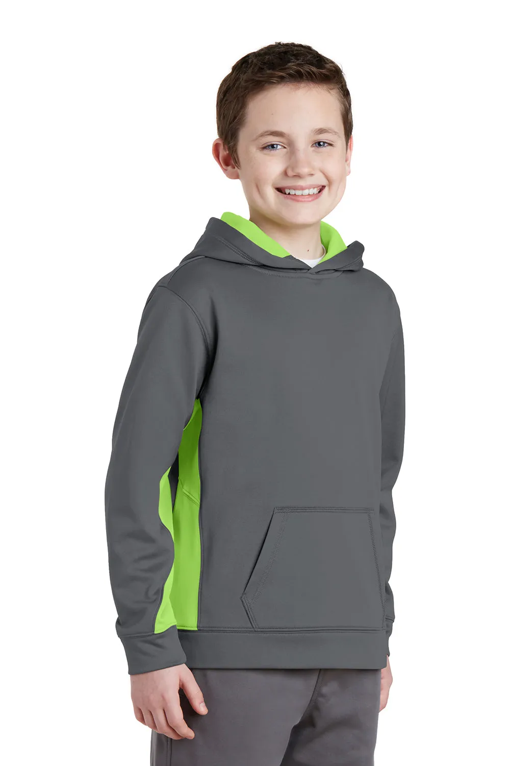 Sport-Tek Youth Sport-Wick Moisture Wicking Fleece Hooded Sweatshirt Hoodie w/ Pouch Pocket - Dark Smoke Grey/Lime Shock Green - Closeout