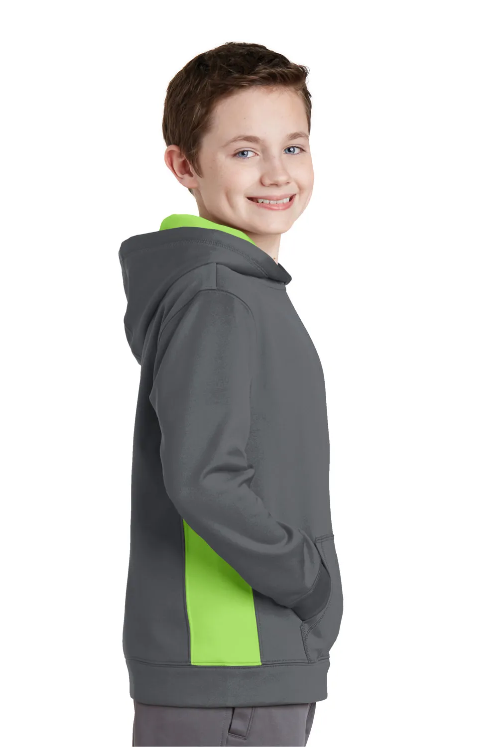 Sport-Tek Youth Sport-Wick Moisture Wicking Fleece Hooded Sweatshirt Hoodie w/ Pouch Pocket - Dark Smoke Grey/Lime Shock Green - Closeout