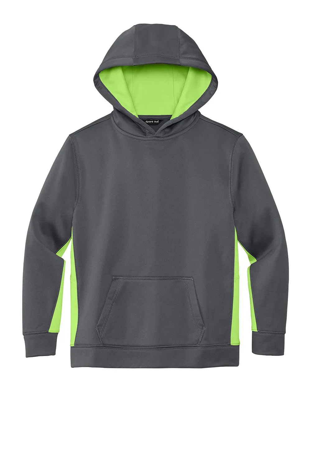 Sport-Tek Youth Sport-Wick Moisture Wicking Fleece Hooded Sweatshirt Hoodie w/ Pouch Pocket - Dark Smoke Grey/Lime Shock Green - Closeout