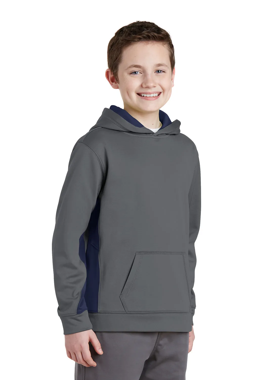 Sport-Tek Youth Sport-Wick Moisture Wicking Fleece Hooded Sweatshirt Hoodie w/ Pouch Pocket - Dark Smoke Grey/True Navy Blue