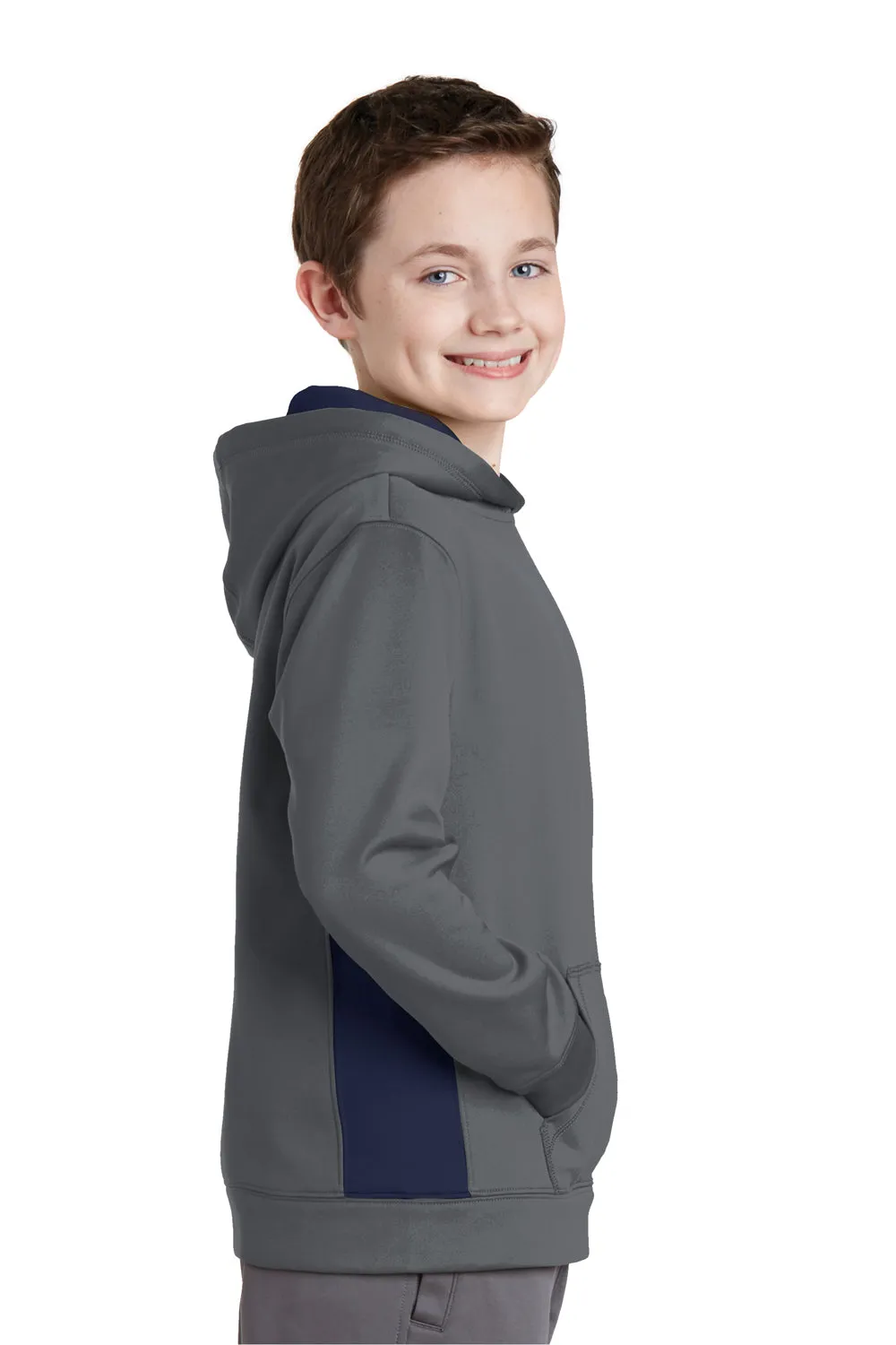 Sport-Tek Youth Sport-Wick Moisture Wicking Fleece Hooded Sweatshirt Hoodie w/ Pouch Pocket - Dark Smoke Grey/True Navy Blue