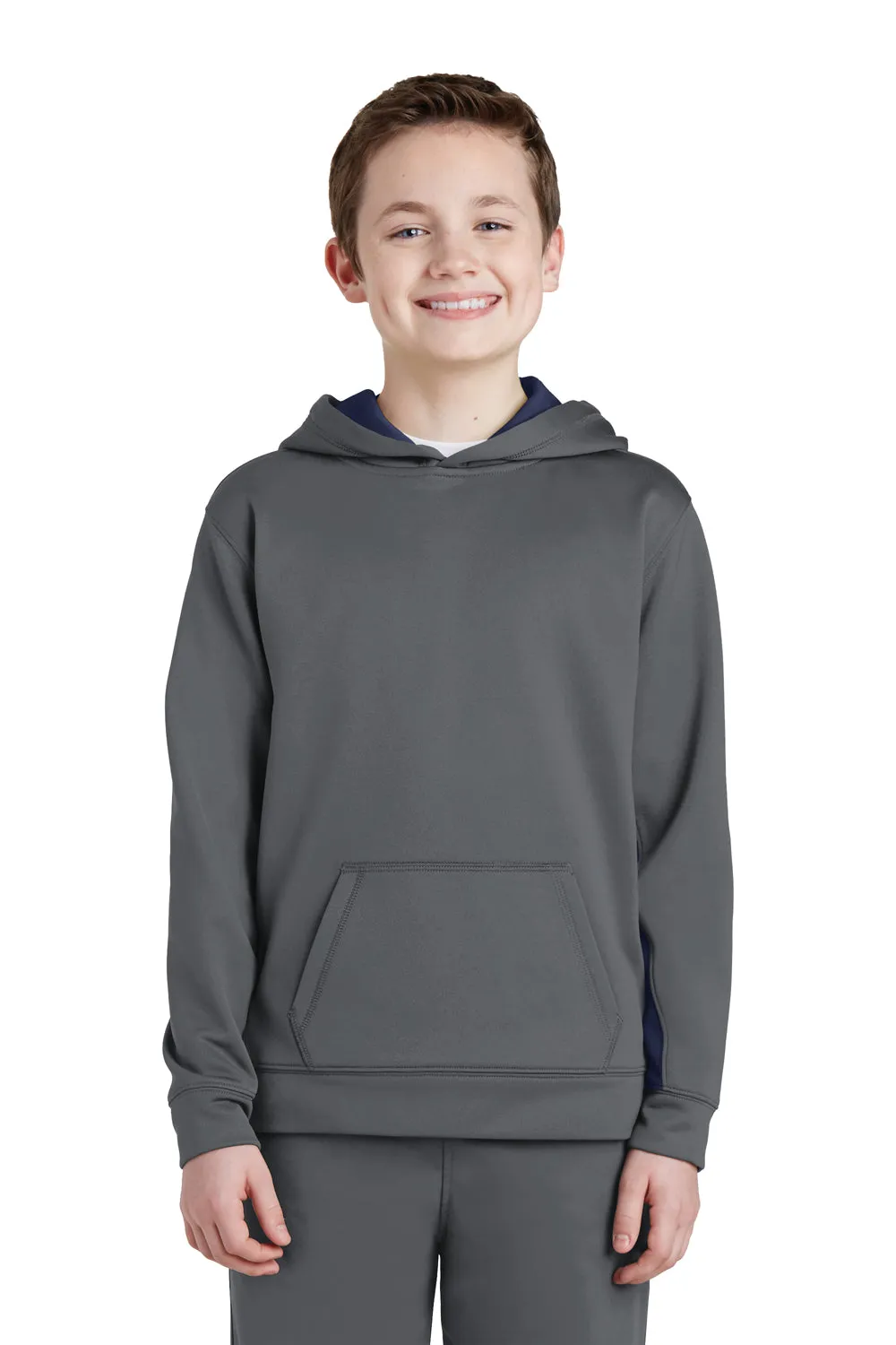 Sport-Tek Youth Sport-Wick Moisture Wicking Fleece Hooded Sweatshirt Hoodie w/ Pouch Pocket - Dark Smoke Grey/True Navy Blue