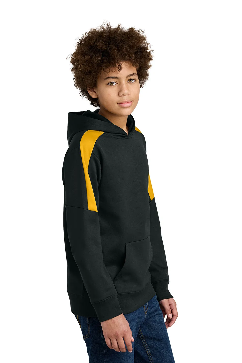 Sport-Tek Youth Sport-Wick Moisture Wicking United Fleece Hooded Sweatshirt Hoodie w/ Pouch Pocket - Black/Gold
