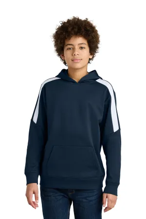 Sport-Tek Youth Sport-Wick Moisture Wicking United Fleece Hooded Sweatshirt Hoodie w/ Pouch Pocket - Navy Blue/White