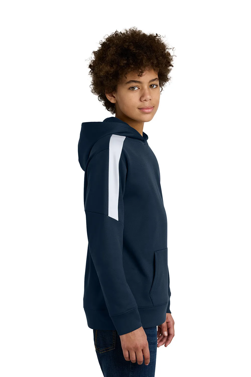 Sport-Tek Youth Sport-Wick Moisture Wicking United Fleece Hooded Sweatshirt Hoodie w/ Pouch Pocket - Navy Blue/White