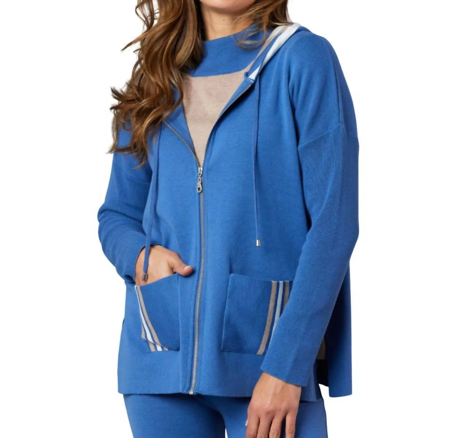 Stripe Detail Zip Up Hoodie In Denim/multi