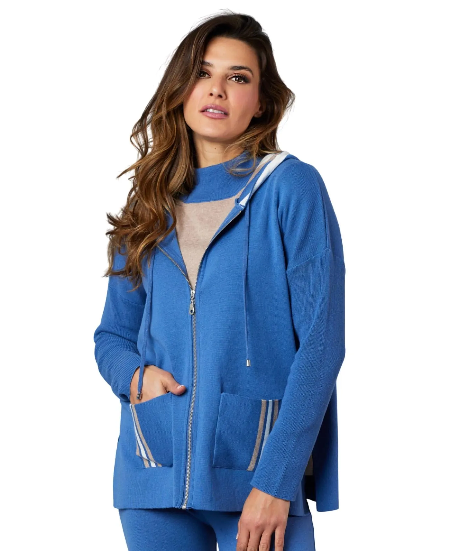 Stripe Detail Zip Up Hoodie In Denim/multi