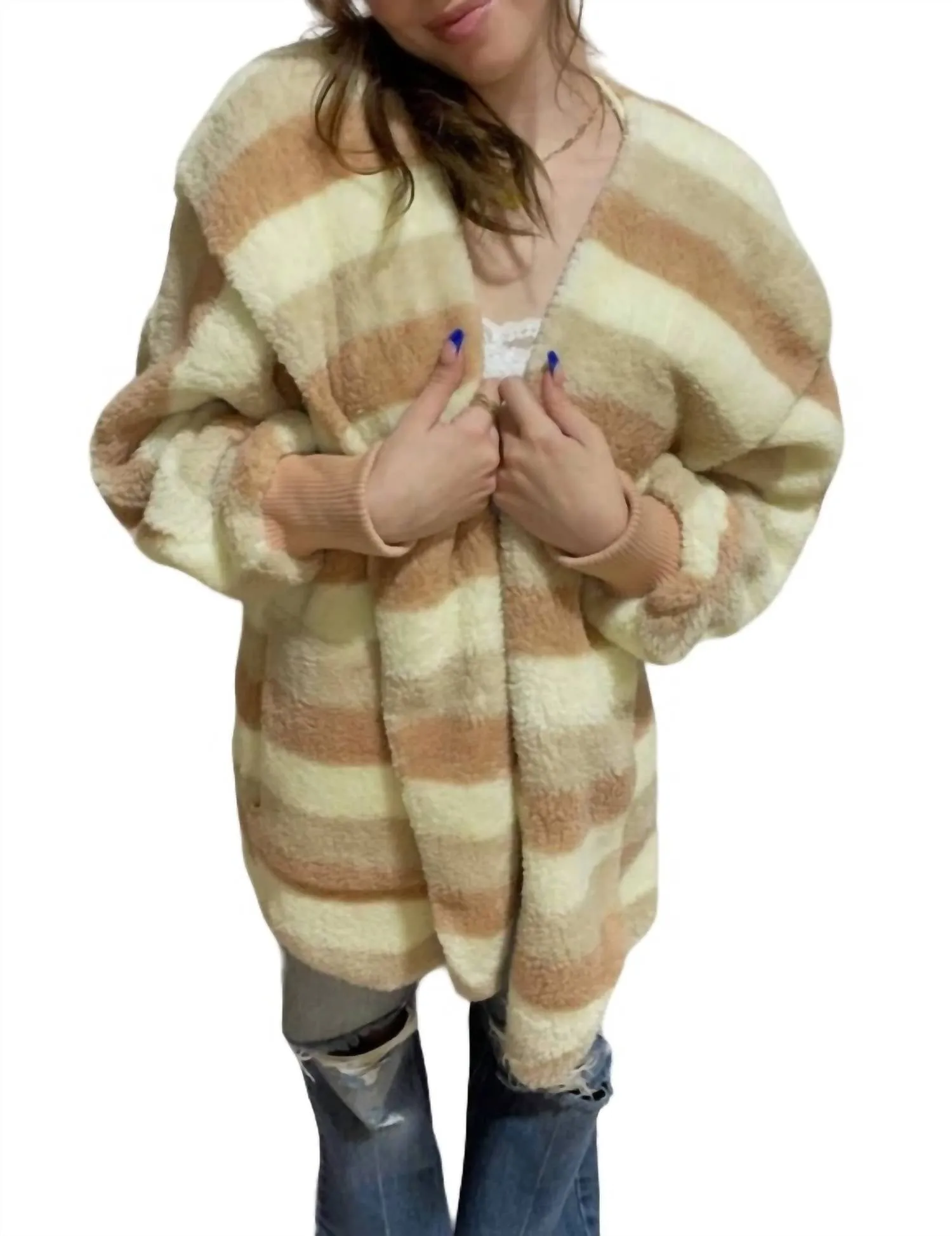 Striped Fur Hoodie In Rose/cream