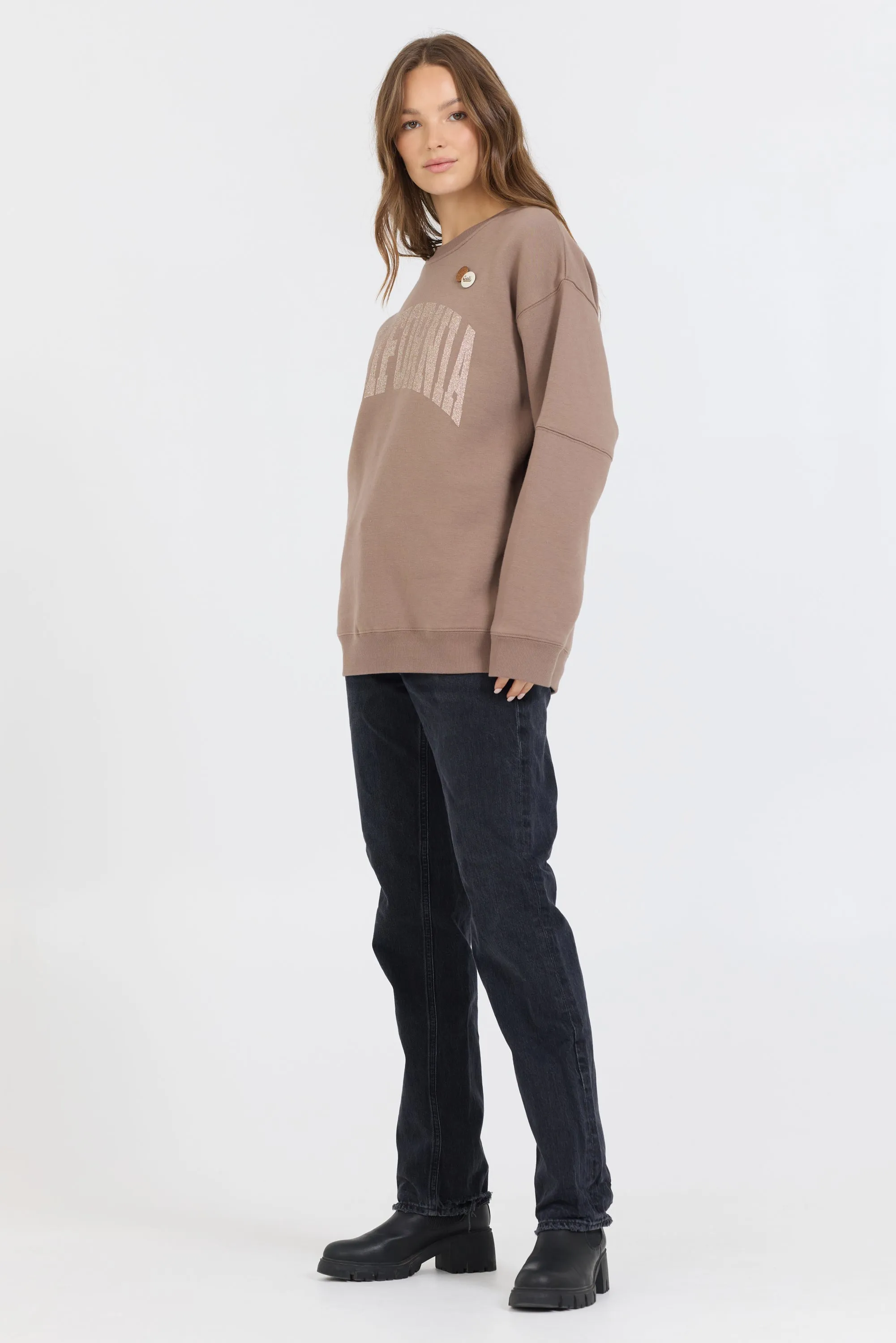 Taupe W/ Rose Gold Garment Dye Fleece Crew W/ Glitter Print