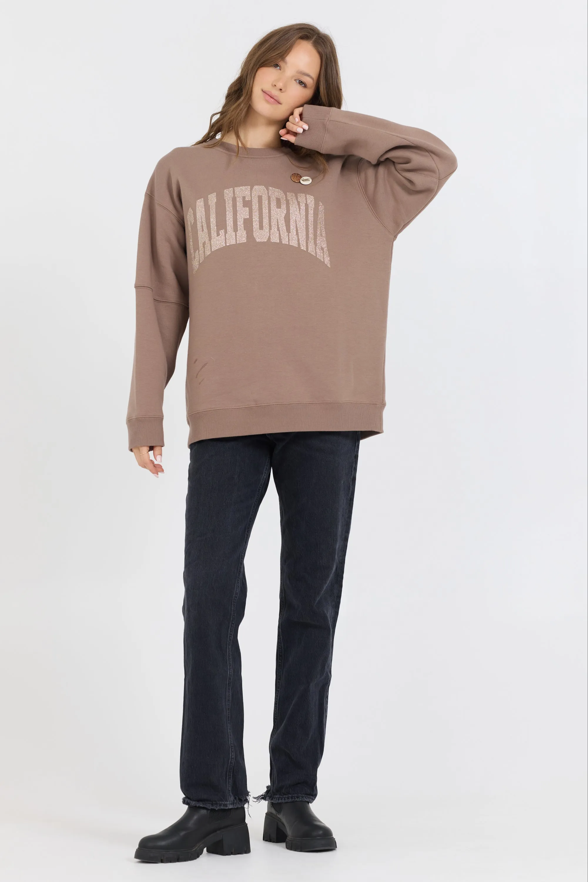 Taupe W/ Rose Gold Garment Dye Fleece Crew W/ Glitter Print