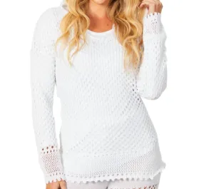 V-Neck Crochet Hoodie In White