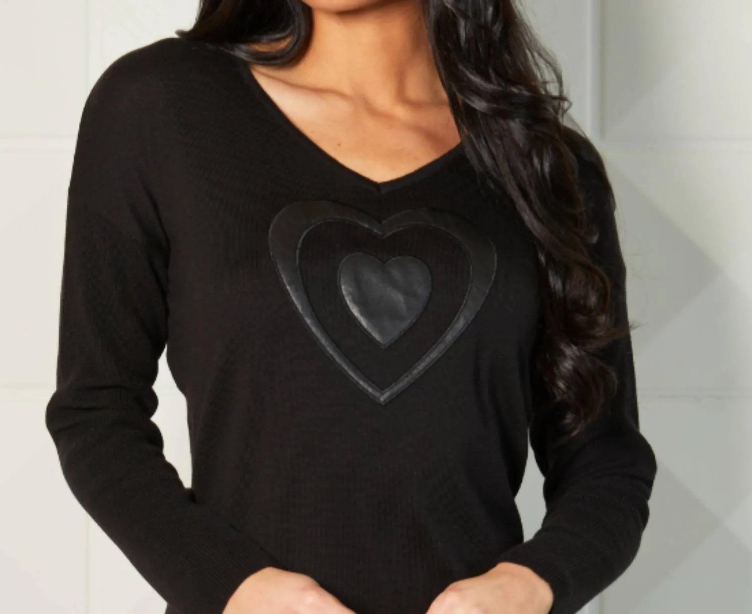 V-Neck Pleather Heart Detail Top In Black