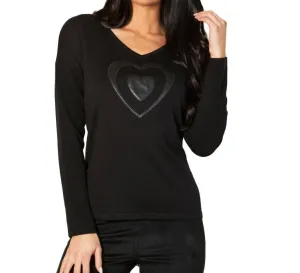 V-Neck Pleather Heart Detail Top In Black