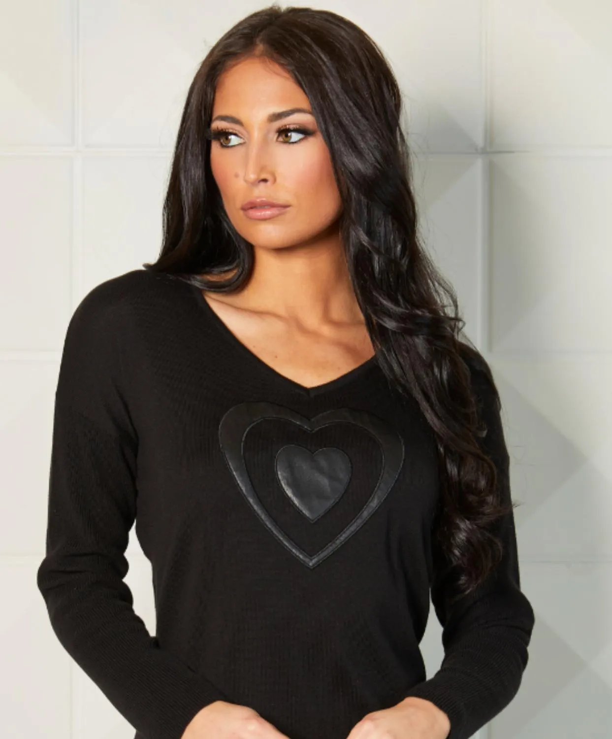 V-Neck Pleather Heart Detail Top In Black
