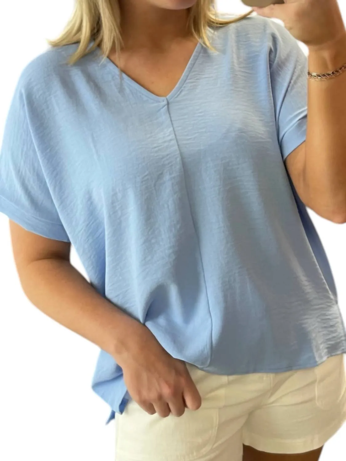 V-Neck Woven Top In Light Blue